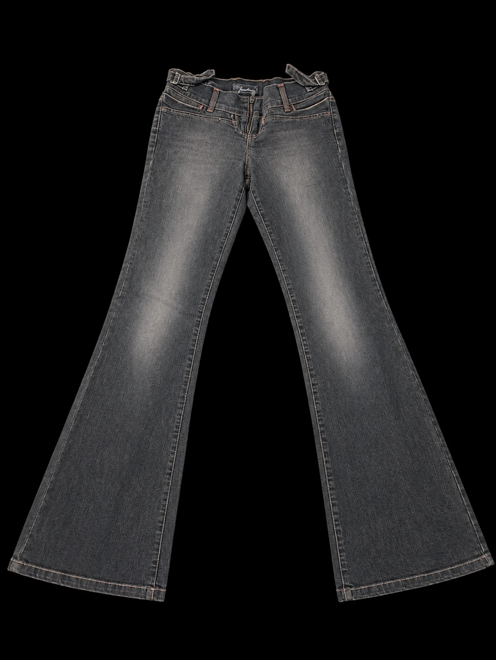 Y2K Dark Wash Low Rise Flared Bootcut Jeans with Buckle Waist Details. Size 36.